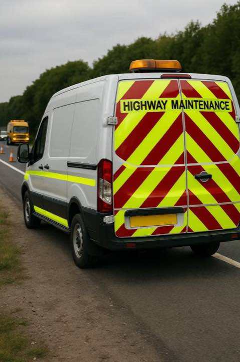 Highway maintenance van with Chapter 8 reflective chevrons