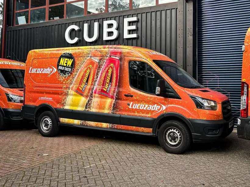 Lucozade van wrap outside the Wrap Cube unit in Caterham