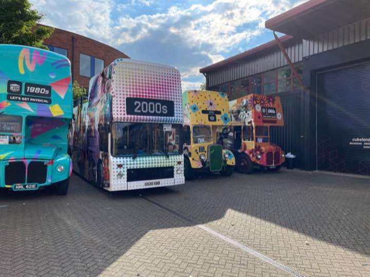 Wrapped double-decker buses for the Platinum Jubilee Pageant
