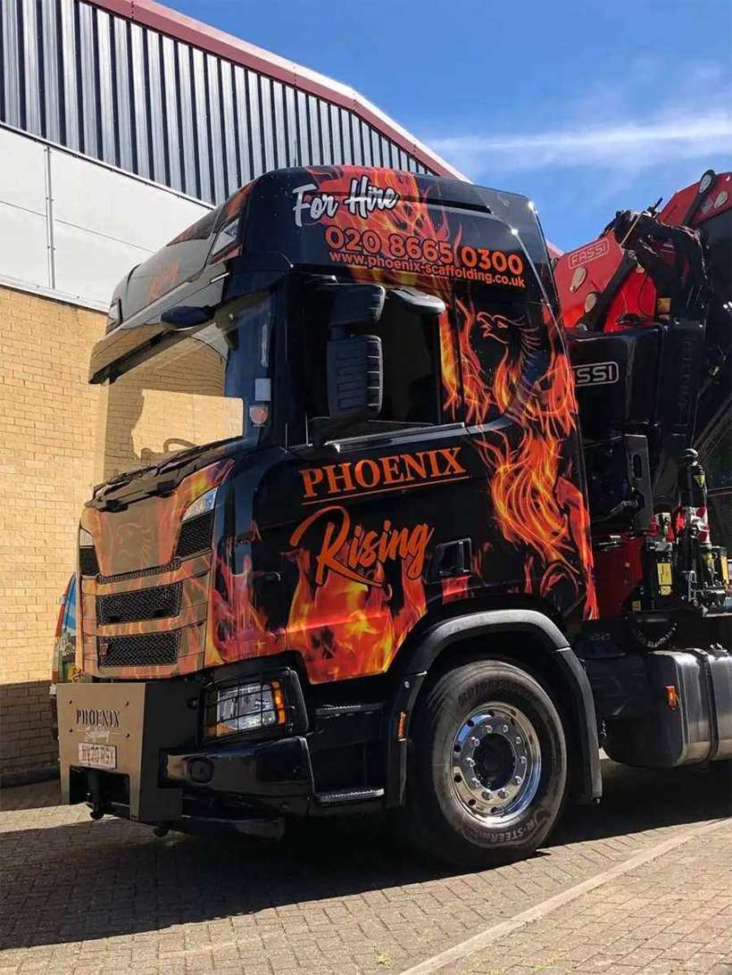 Phoenix flame printed truck cab wrap